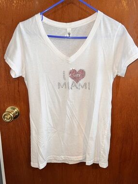 I Love Miami Rhinestone V-Neck Tee - White